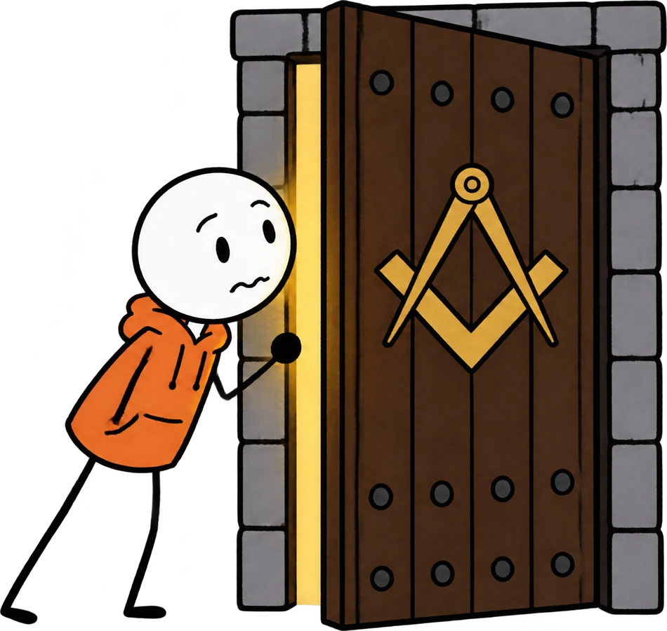 A cartoon figure in an orange hoodie peeks round a heavy wooden door marked with a square and compass.
